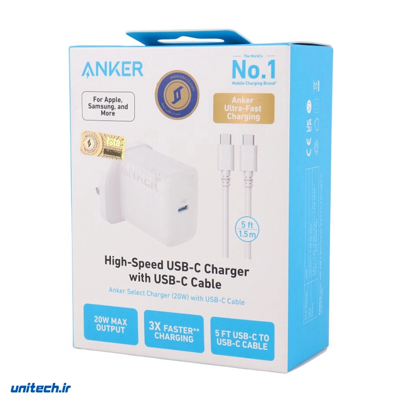 شارژر دیواری 20 وات انکر A2347 3A + کابل تبدیل تایپ سی8